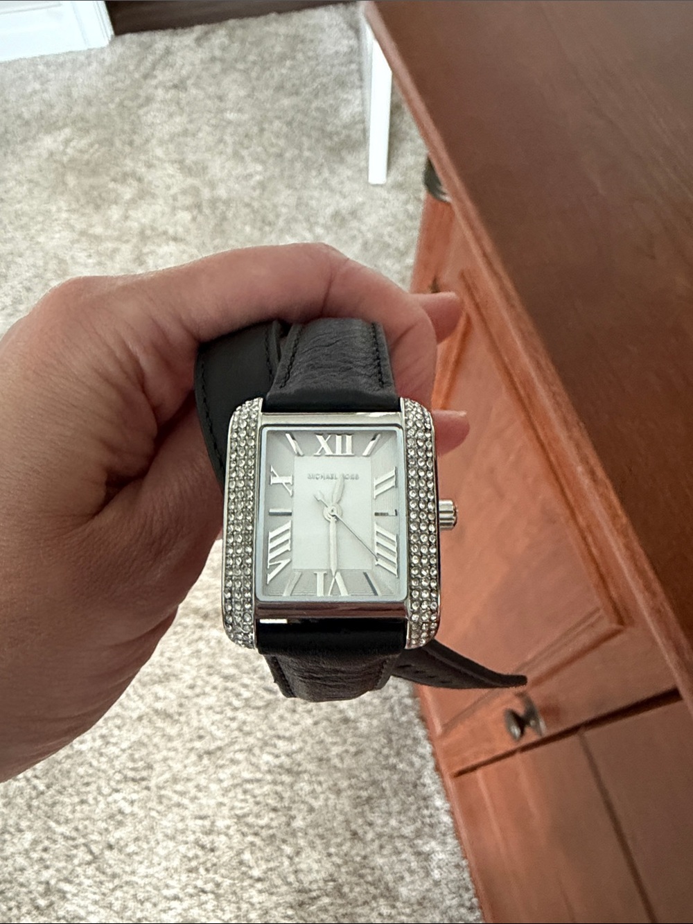 Michael Kors Silver Crystal-Accented Wrap Watch with Black Leather Strap